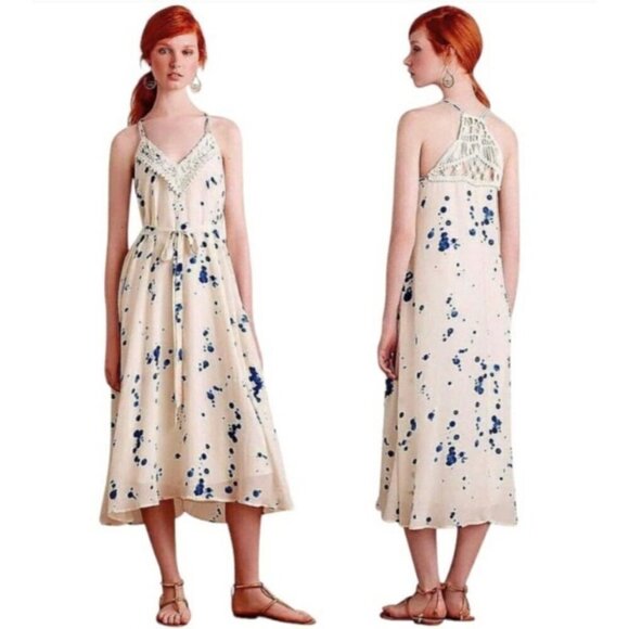 Anthropologie Maeve Inkdrop Midi Dress Tie Waist Blue White Crochet Size Large - Picture 1 of 12
